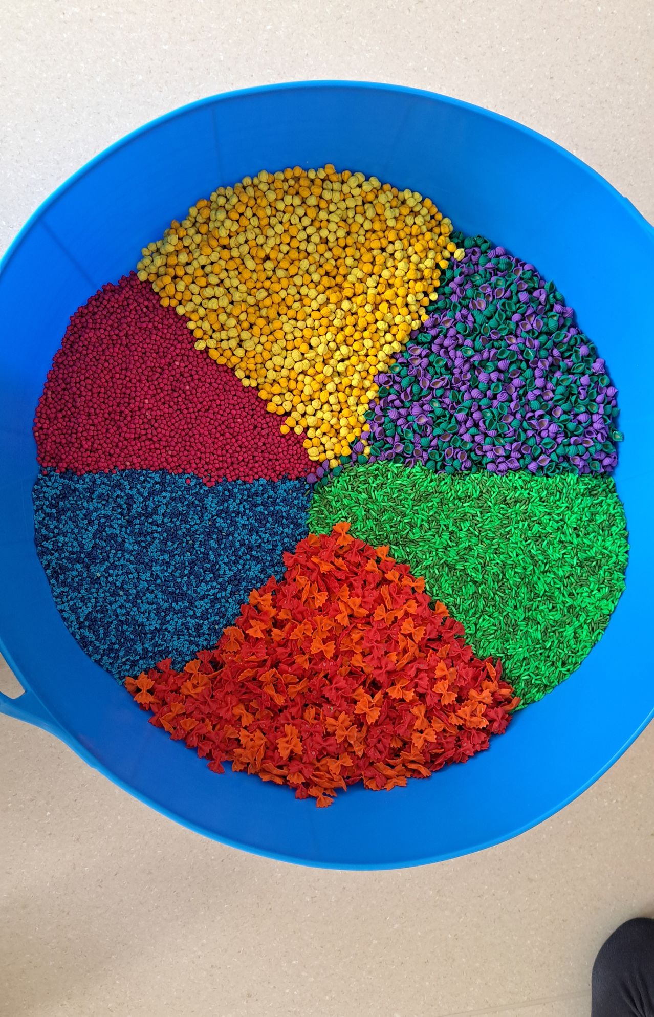 Eine blaue Schüssel ist in sechs Bereiche unterteilt, die mit verschiedenen farbigen Körnern gefüllt sind: gelb, rot, lila, grün, blau und orange.