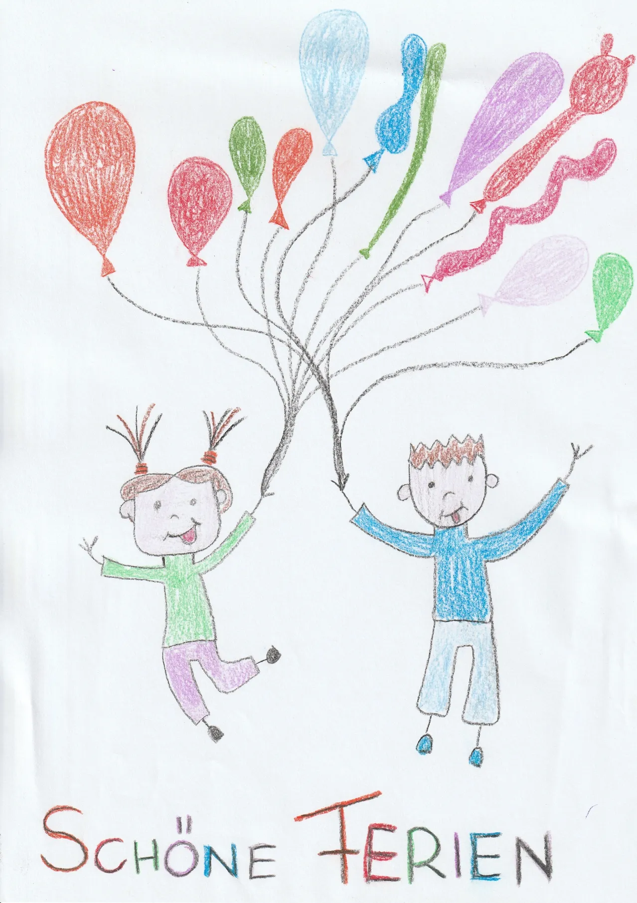 Eine Kinderzeichnung zeigt zwei fröhliche Kinder, die bunte Luftballons halten. Der Junge rechts lächelt mit ausgebreiteten Armen. Das Mädchen links springt und lächelt.