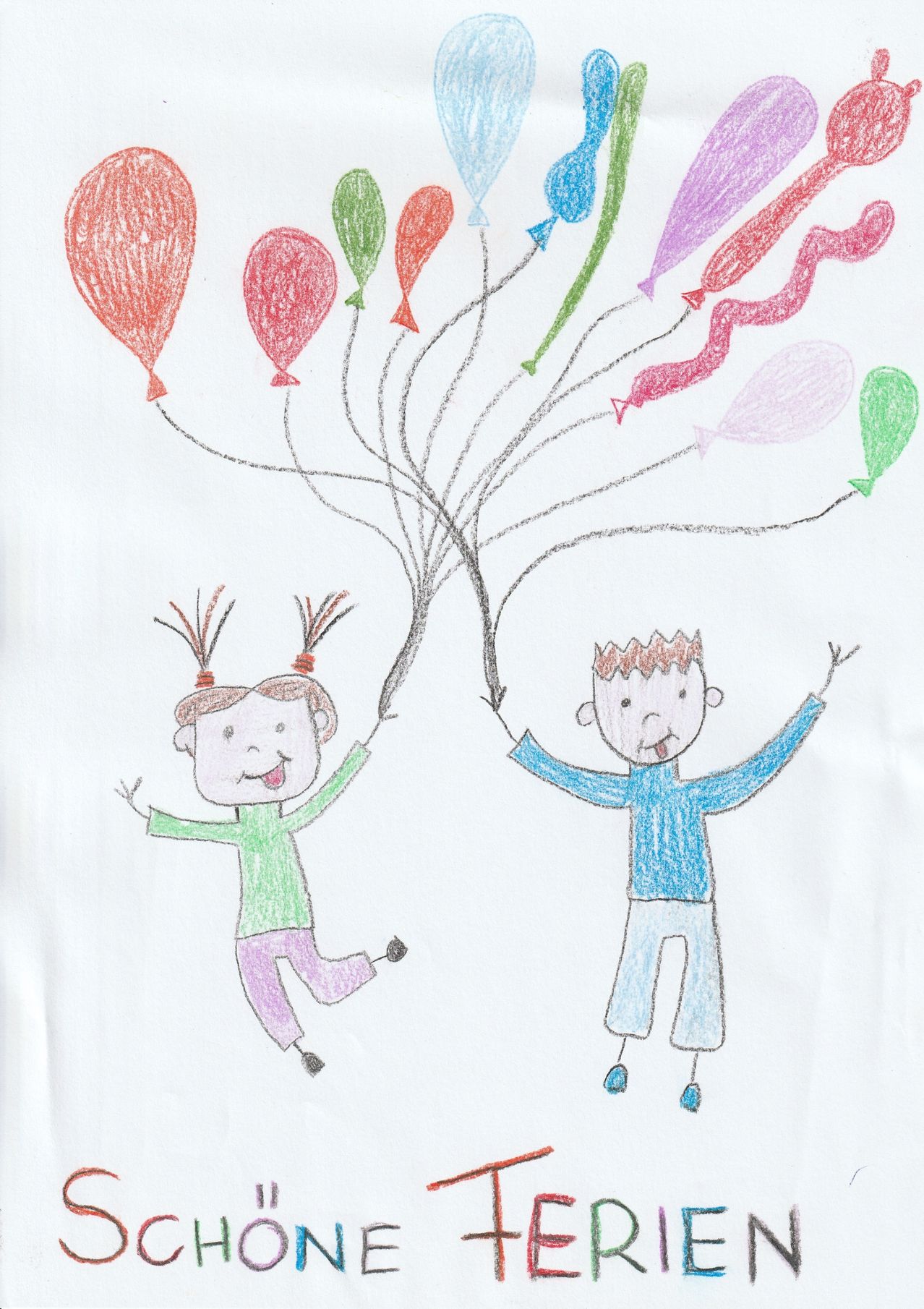 Eine Kinderzeichnung zeigt zwei fröhliche Kinder, die bunte Luftballons halten. Der Junge rechts lächelt mit ausgebreiteten Armen. Das Mädchen links springt und lächelt.