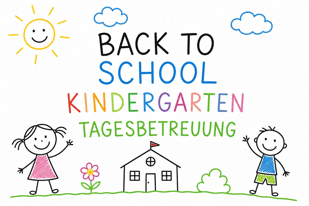 Rückkehr zur Kindergarten-Tagesbetreuung. Eine fröhliche Illustration eines Hauses, zweier Kinder und einer Sonne.