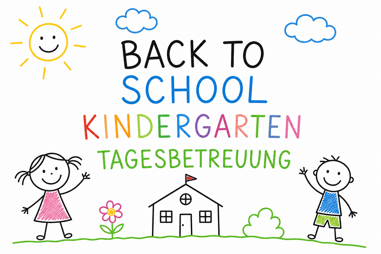 Rückkehr zur Kindergarten-Tagesbetreuung. Eine fröhliche Illustration eines Hauses, zweier Kinder und einer Sonne.
