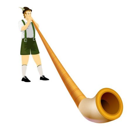 Illustration eines Mannes in traditioneller bayerischer Kleidung, der ein langes Holzhorn spielt.