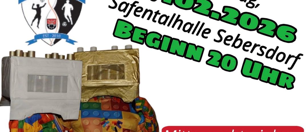 Plakat für den 14. Fleischbettlerball vom Freizeitclub Sebersdorf. Veranstaltung am 07.02.2026, Beginn 20 Uhr. Aktivitäten beinhalten Mitternachtseinlass, Maskenpremiere und Schatzsuche.