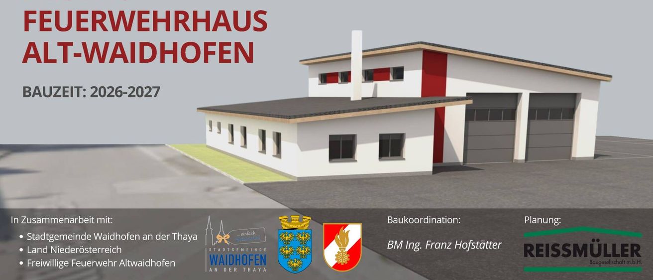 Eine 3D-Darstellung eines modernen Gebäudes namens 'Waidhofen Airport'. Das Gebäude hat ein graues Dach, rote und weiße Wände und mehrere Fenster. Logos und ein Personenname sind auf der unteren linken und rechten Seite zu sehen.