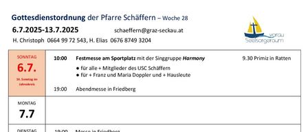 Das Bild zeigt einen wöchentlichen Zeitplan für eine Kirche mit verschiedenen Gottesdiensten und Veranstaltungen. Am Sonntag gibt es eine Abendmesse um 19:00 Uhr. Von Montag bis Freitag gibt es täglich Messen um 19:00 Uhr. Am Donnerstag gibt es eine Messe um 8:30 Uhr, gefolgt von einem Priestertreffen um 10:00 Uhr. Am Freitag gibt es einen Rosenkranz um 8:00 Uhr und eine Messe um 8:30 Uhr. Am Samstag gibt es keine Gottesdienste. Am Sonntag gibt es einen Rosenkranz um 9:30 Uhr, gefolgt von einem besonderen Gottesdienst um 10:00 Uhr.