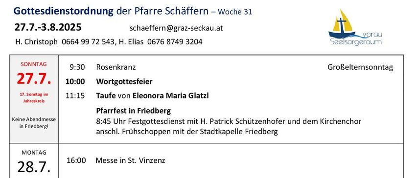Das Bild zeigt einen wöchentlichen Zeitplan für religiöse Veranstaltungen in Friedberg, Deutschland. Es enthält Details wie Datum, Uhrzeit und spezifische Ereignisse, wie eine Taufe, Messen und eine Beerdigung.