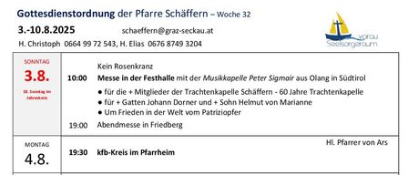 Das Dokument zeigt einen wöchentlichen Kirchenplan. Es enthält Datum, Uhrzeit und Beschreibungen verschiedener Gottesdienste und Veranstaltungen, wie Messen, Beichten und Ankündigungen.