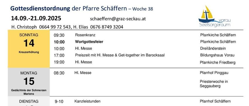 Ein Zeitplan für Gottesdienste beinhaltet Zeiten für HI Messen, Krankenzestunden und Musikkonzerte. Spezielle Veranstaltungen umfassen eine Gebetswache, ein Konzert mit Orgelmusik und einen Gottesdienst zum Gedenken an Verstorbene. Der Zeitplan erstreckt sich von Montag bis Sonntag.