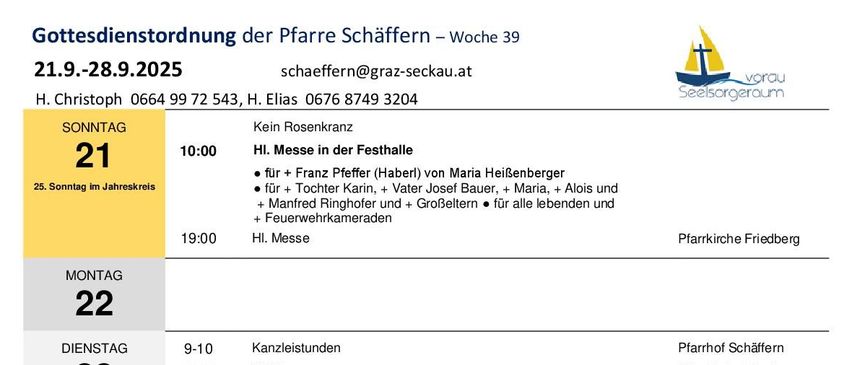 Wöchentlicher Zeitplan mit verschiedenen Aktivitäten und Messen. Beinhaltet Datum, Uhrzeit und Orte für jedes Ereignis. Der Zeitplan beginnt am Sonntag, den 22. Dezember, und endet am Sonntag, den 29. Dezember.
