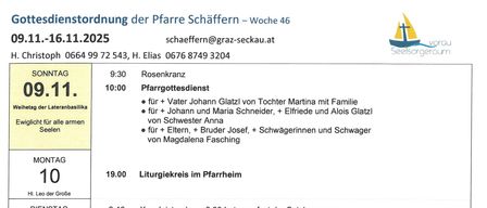 Das Bild ist ein Zeitplan für kirchliche Veranstaltungen auf Deutsch. Es listet Daten, Zeiten und Aktivitäten für verschiedene Tage auf, darunter 'Pfarrgottesdienst', 'Liturgiekreis', 'Kanzelstunde', 'Laternfest', 'Messe' und 'Monatswallfahrt'. Es werden auch spezifische Personen erwähnt, die an den Veranstaltungen beteiligt sind.