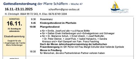 Schedule of church services in Friedberg, including children's service, worship, and prayer meetings, with various activities and gatherings planned throughout the week.