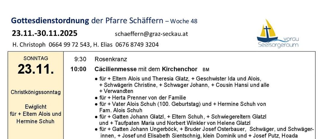 Das Bild zeigt einen Wochenplan mit Veranstaltungen an bestimmten Tagen und Uhrzeiten. Jede Veranstaltung enthält einen Titel, eine Zeitangabe und eine Liste der teilnehmenden Personen. Zum Beispiel gibt es am Montag, den 24. November, eine Veranstaltung mit dem Titel 'Exerzitien in Vorau', die um 18:30 Uhr beginnt.