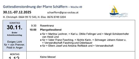 Das Bild zeigt einen Zeitplan für Gottesdienste und Veranstaltungen in der Woche vom 30. November bis 7. Dezember. Am Montag gibt es einen besonderen Gebetsdienst. Am Freitag findet ein Gottesdienst für die Gemeindemitglieder statt. Am Samstag gibt es eine Feier des St. Nikolaus mit einem Abendkonzert. Am Sonntag gibt es einen zweiten Adventssonntagsgottesdienst.