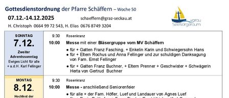 Weekly schedule includes masses, family prayers, and various gatherings. On 7.12, a mass is held with a brass group. On 8.12, a mass is followed by a senior meeting. On 9.12, a candlelight service is held. On 10.12, a funeral takes place. On 11.12, a breakfast and mass are scheduled. On 12.12, multiple masses and family prayers are listed. On 13.12, a pilgrimage and mass occur. On 14.12, an Advent gathering is planned.