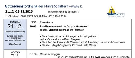 Das Bild zeigt einen Zeitplan für eine Reihe von Veranstaltungen und Messen für die Woche vom 21. Dezember, einschließlich Details zu Zeiten, Orten und besonderen Gästen. Der Zeitplan enthält Familienmessen, Abendgottesdienste und festliche Zusammenkünfte, die in einer Weihnachtsabendmesse gipfeln.