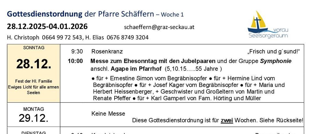 Eine Tabelle mit Daten, Aktivitäten und Teilnehmern. Fest am 28.12. Messe mit Jugendchor und Symphoniegruppe. Verschiedene Chöre und Solisten. 29.12. Keine Messe. 30.12. Kinderspiel. 31.12. Jahresabschlussgottesdienst. 1.1. Neujahrsmesse. 2.1. Rosenkranzmesse. 3.1. Neujahrskonzert mit dem Sinfonieorchester. 4.1. Sonntagsmesse.