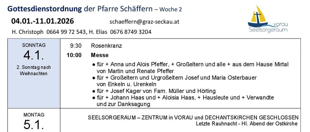 Das Bild zeigt einen wöchentlichen Zeitplan für religiöse Gottesdienste, einschließlich Zeiten und Namen der Teilnehmer, von Sonntag bis Samstag. Es hebt verschiedene Messen, Beerdigungen und Morgen- sowie Abendgottesdienste hervor. Daten und Zeiten sind für jedes Ereignis angegeben.