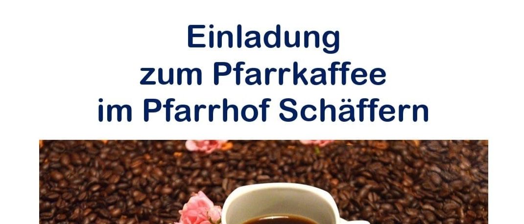 Ein Bild zeigt eine Tasse Kaffee auf einer Untertasse mit rosa Blumen, umgeben von Kaffeebohnen. Der Text lautet 'Sonntag, 8. Februar 2026, 10.45 Uhr. Alle sind herzlich eingeladen zum Treffen und Plaudern. Es gibt auch Bier und Snacks.'
