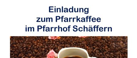 Ein Bild zeigt eine Tasse Kaffee auf einer Untertasse mit rosa Blumen, umgeben von Kaffeebohnen. Der Text lautet 'Sonntag, 8. Februar 2026, 10.45 Uhr. Alle sind herzlich eingeladen zum Treffen und Plaudern. Es gibt auch Bier und Snacks.'