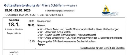 The image shows a weekly schedule for religious services. It lists various events, including masses, prayers, and meetings, for each day of the week. Dates and times are provided for each event. The schedule includes a blessing for the year and a prayer for the deceased.