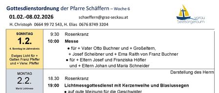Ein wöchentlicher Zeitplan für Gottesdienste und Veranstaltungen in einer Kirche. Die Gottesdienste umfassen Messen, Abendlichter und Erstkommunionen. Die Veranstaltungen variieren von Sonntag bis Samstag.