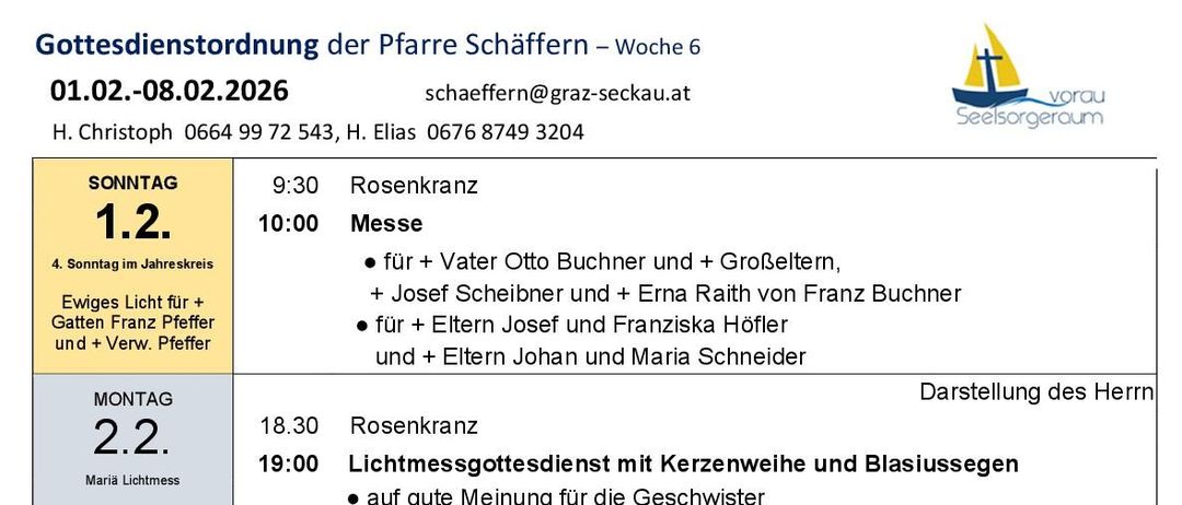 Ein wöchentlicher Zeitplan für Gottesdienste und Veranstaltungen in einer Kirche. Die Gottesdienste umfassen Messen, Abendlichter und Erstkommunionen. Die Veranstaltungen variieren von Sonntag bis Samstag.