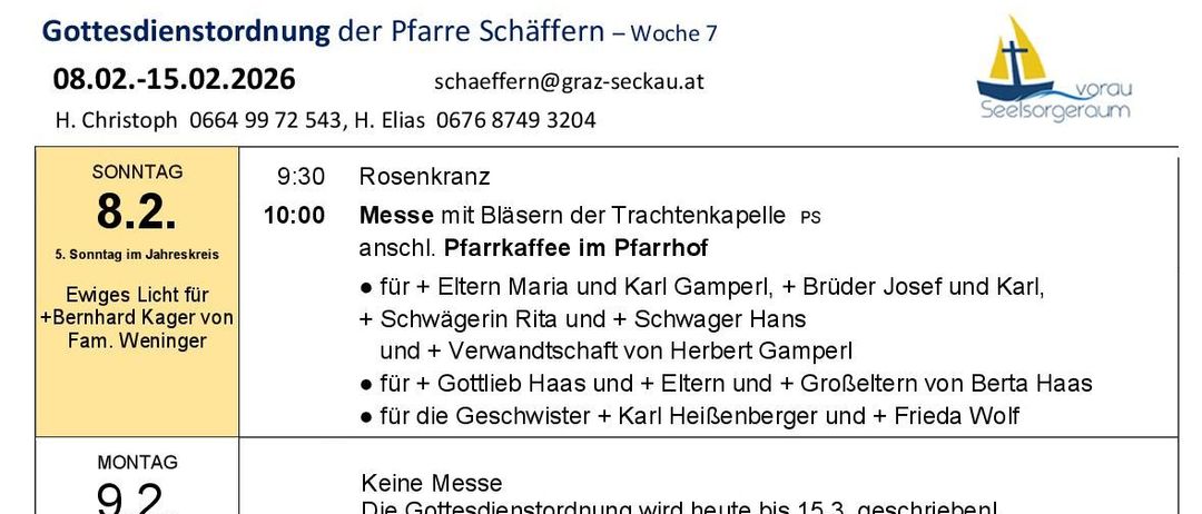 Weekly schedule for a German Catholic parish includes dates, times, and details of masses, events, and services. Highlights include Rosenkranz, a mass with a blessing of the Rosary, and a Monday mass with a special blessing.