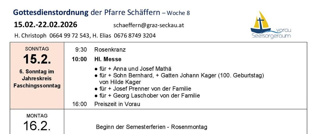 A table of weekly events for a church. Dates range from Feb 15 to Feb 22. Events include masses, services, and meetings. Special events include Rosenkranz (Rosary), Fastensonntag (Fasting Sunday), and Kreuzweg (Way of the Cross).
