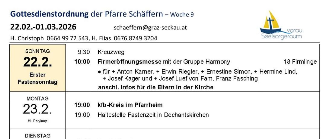 Weekly schedule for a Catholic parish includes various religious services and community events. Dates range from February 22 to March 1. Services include Firmungsmesse, Haltestelle Fastenzeit, and Messen at various locations.