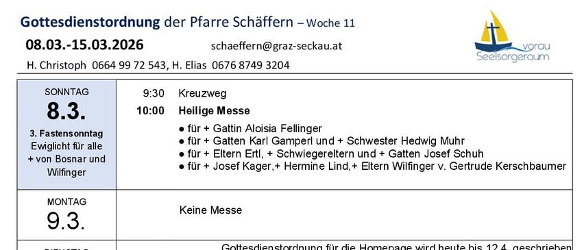 Weekly schedule for services, featuring various masses, events, and times. For example, Monday's 9:30 AM service is for specific individuals, and Tuesday has a theater event at 19:30. The days continue with similar events through Sunday.
