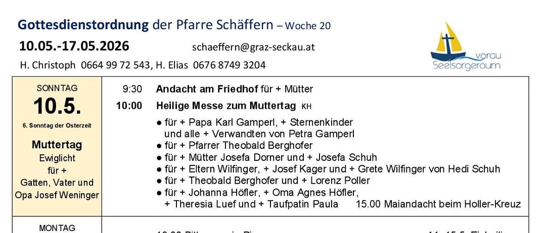 Das Bild zeigt einen wöchentlichen Zeitplan für religiöse und gemeinschaftliche Veranstaltungen, einschließlich Messen, Prozessionen und Gebeten. Zu den Veranstaltungen gehören eine Mitternachtsmesse am Montag, eine Prozession am Dienstag und ein Rosenkranz am Donnerstag. Der Zeitplan ist zweisprachig, mit Einträgen sowohl auf Deutsch als auch auf Englisch.