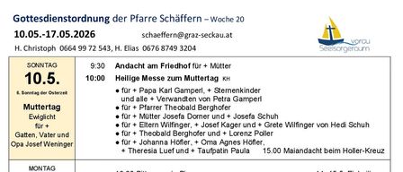 Das Bild zeigt einen wöchentlichen Zeitplan für religiöse und gemeinschaftliche Veranstaltungen, einschließlich Messen, Prozessionen und Gebeten. Zu den Veranstaltungen gehören eine Mitternachtsmesse am Montag, eine Prozession am Dienstag und ein Rosenkranz am Donnerstag. Der Zeitplan ist zweisprachig, mit Einträgen sowohl auf Deutsch als auch auf Englisch.