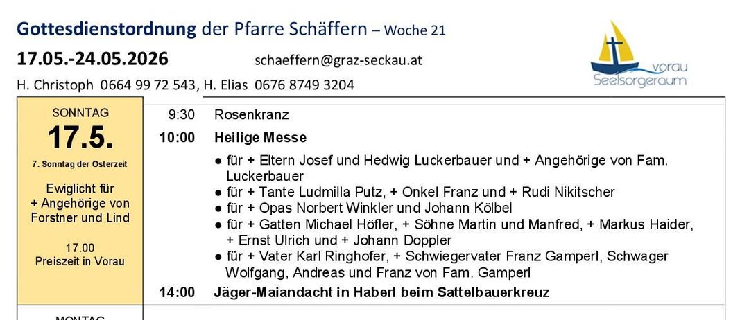 Wöchentlicher Messplan mit Details zu Zelebranten, Teilnehmern und besonderen Messen. Veranstaltungen umfassen eine Sonntagsmesse, eine Samstagsmesse und eine Heilige Messe mit der Landjugend.