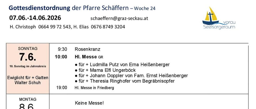 Das Bild ist ein wöchentlicher Zeitplan mit Datum und Uhrzeit für verschiedene Veranstaltungen. Zu den Veranstaltungen gehören Gottesdienste, Kinderwagenfahrten und andere Aktivitäten. Jeder Tag hat einen separaten Abschnitt mit Veranstaltungsdetails.