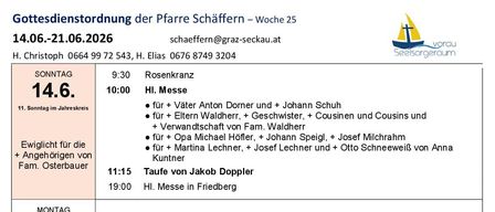Ein Zeitplan für verschiedene Messen und Veranstaltungen vom 14. bis 21. Juni, einschließlich Zeiten und besonderer Intentionen für jeden. Bemerkenswerte Einträge sind eine Taufe, Abendmessen und eine Vigil für die Verstorbenen.