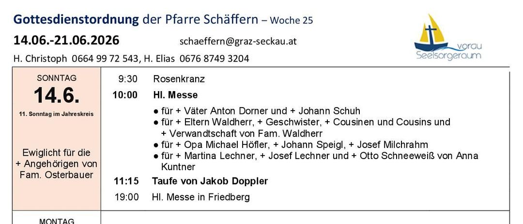 Ein Zeitplan für verschiedene Messen und Veranstaltungen vom 14. bis 21. Juni, einschließlich Zeiten und besonderer Intentionen für jeden. Bemerkenswerte Einträge sind eine Taufe, Abendmessen und eine Vigil für die Verstorbenen.