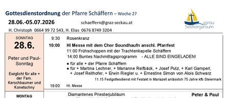 Veranstaltungsplan für den 26. Juni. Montag: Messe mit Chor um 10:00. Dienstag: Messe um 19:00. Mittwoch: Keine Messe. Donnerstag: Messe um 8:30. Freitag: Messe um 8:00. Samstag: Messe um 7:00. Sonntag: Messe um 10:00.