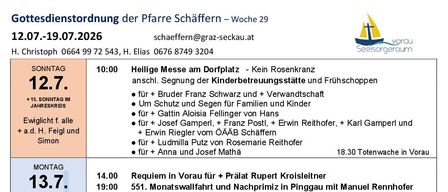 A table with days, dates, and church schedules. Monday, 13th, includes a Requiem for Prälat Rupert Kroisleitner and a Mass in Pinggau. Tuesday, 14th, is a holiday with a Mass in SWH Friedberg. Wednesday, 15th, has a Mass at Pfarrhof Pinggau. Thursday, 16th, has no Mass. Friday, 17th, has no Mass. Saturday, 18th, includes a Rosary and Vespers for various individuals. Sunday, 19th, has a Rosary and a Holy Mass with an offering.