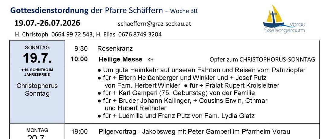 Eine Tabelle mit einem Zeitplan für religiöse Veranstaltungen, einschließlich Messen, Pilgerreisen und Beerdigungen, mit Daten, Zeiten und Namen der beteiligten Personen.