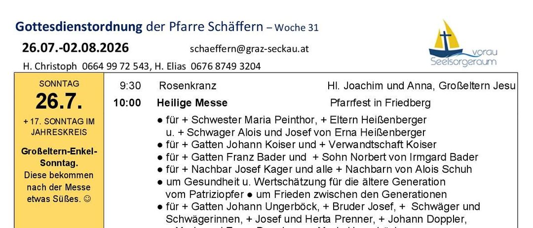 Ein wöchentlicher Zeitplan für eine Kirche mit verschiedenen Messen und Veranstaltungen aufgeführt, einschließlich bestimmter Zeiten und Daten sowie Namen von Personen, für die die Messen angeboten werden.