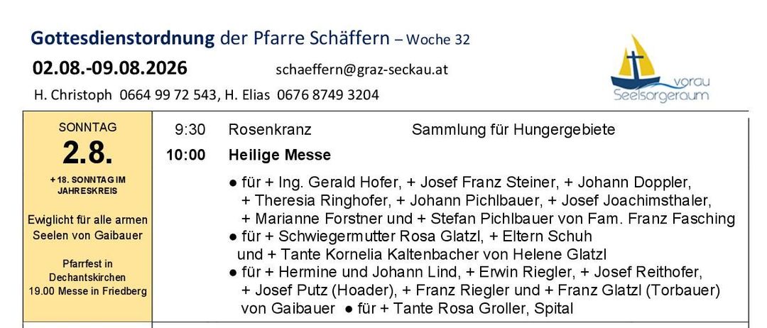 Eine Tabelle mit einem Zeitplan für religiöse Messen und Gottesdienste, einschließlich Zeiten, Daten und Teilnehmer. Die Tabelle listet verschiedene Wochentage mit entsprechenden Zeiten und Namen der Personen auf, die an den Messen teilnehmen.