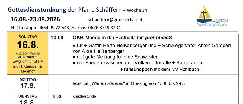 Ein Zeitplan für eine Kirche mit verschiedenen Veranstaltungen, einschließlich Daten, Zeiten und Beschreibungen jeder Veranstaltung. Die Veranstaltungen umfassen musikalische Aufführungen, Messen und ein Fest. Der Zeitplan ist in Abschnitte für jeden Wochentag unterteilt.