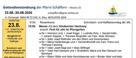 A document displays a schedule of religious events, including masses, a musical, and a procession, with names of participants and dates. The text is in German.
