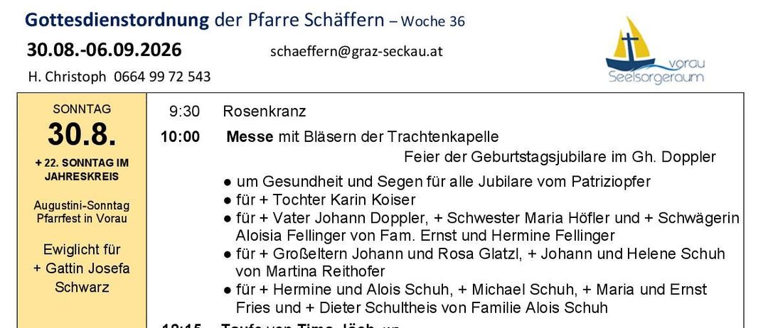 Eine Tabelle mit dem Zeitplan von Gottesdiensten und Veranstaltungen, einschließlich Datum, Uhrzeit und Beschreibung jedes Ereignisses. Die Tabelle enthält Details wie Messzeiten, Taufen und andere religiöse Zeremonien.