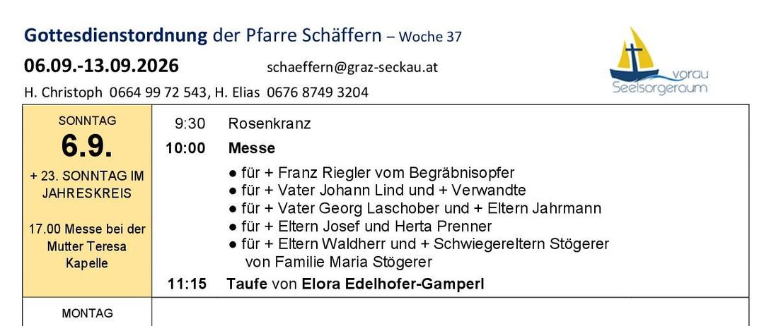 Eine Tabelle mit dem wöchentlichen Kirchendienstplan und besonderen Veranstaltungen, einschließlich Taufen und Gedenkgottesdienste. Die Tabelle ist in Wochentage unterteilt mit entsprechenden Zeiten und Aktivitäten.