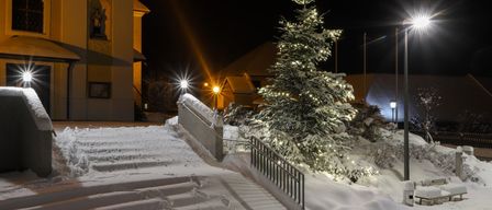 Image contains, Fir, Tree, Nature, Outdoors, Lighting, Handrail, Building, Person, Weather, Winter