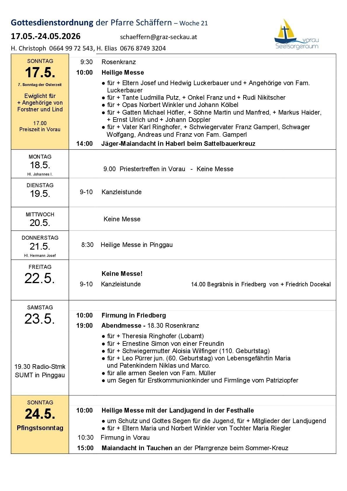 Das Bild zeigt einen wöchentlichen Zeitplan für religiöse Veranstaltungen. Es beinhaltet Messen, Beerdigungen und Segnungen. Die Veranstaltungen sind für verschiedene Personen und Familien, wobei einige das Geburts- oder Sterbedatum angeben. Der Zeitplan ist auf Deutsch.