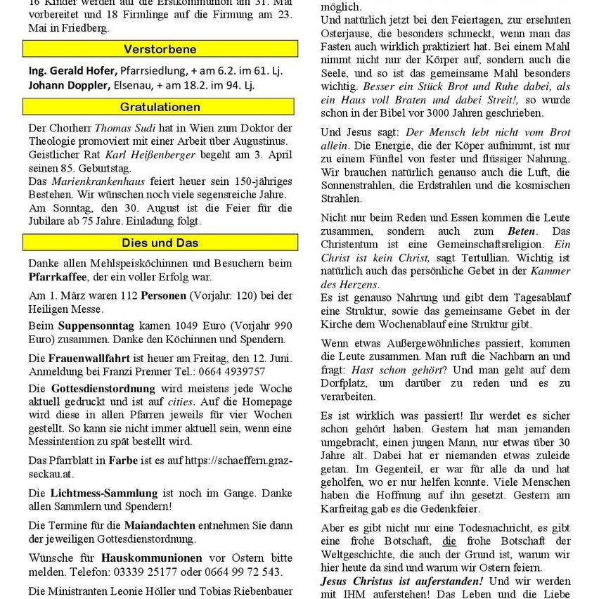 Das Dokument enthält einen Abschnitt über verstorbene Personen mit Datum und Ort des Todes. Es erwähnt auch Glückwünsche für einen Doktor in Theologie und ein 150-jähriges Jubiläum. Zusätzlich werden Kirchenbesuche, finanzielle Beiträge und bevorstehende Veranstaltungen wie der Sonntagsgottesdienst und die 75-Jahr-Feier besprochen.