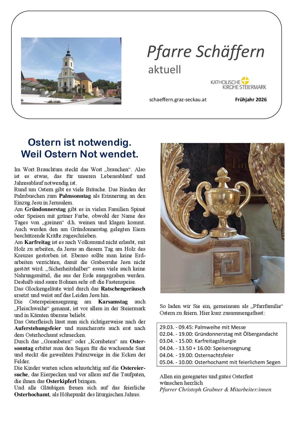Das Bild enthält einen Artikel mit dem Titel 'Ostern ist notwendig' und einem Foto einer Kirche. Es diskutiert die Bedeutung von Ostertraditionen und Ritualen, einschließlich der Verwendung von grünem Essen am Gründonnerstag und dem Verbot des Holzhackens am Karfreitag. Der Artikel enthält auch einen Zeitplan für österliche Veranstaltungen.