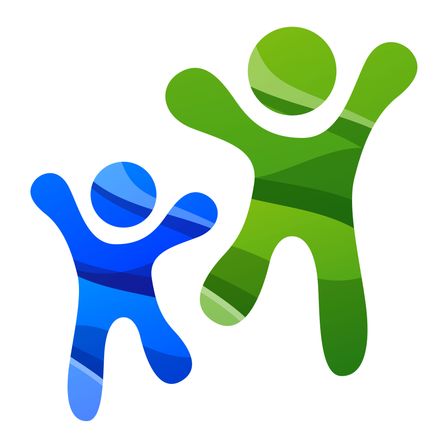 Zwei abstrakte Figuren, eine in Grün und eine in Blau, sind auf weißem Hintergrund dargestellt. Die grüne Figur ist größer, mit erhobenen Armen, während die blaue Figur kleiner ist und nach oben zu schauen scheint.